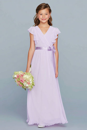 Robe de demoiselle d’honneur junior longue en mousseline de soie a-trapèze lilas avec volants
